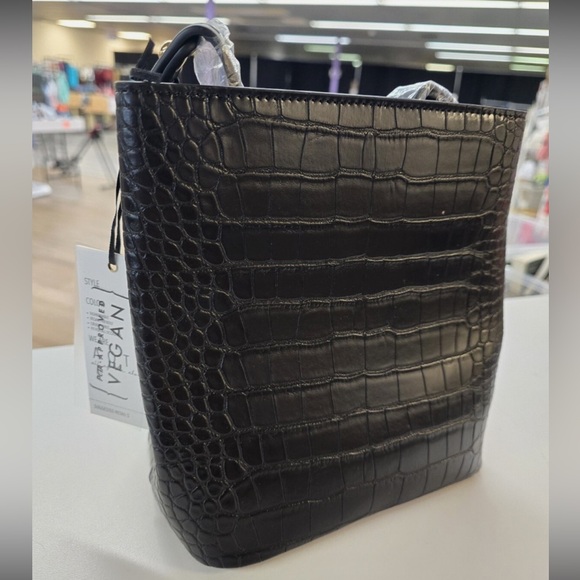 AOTA Elena Bucket Bag Black Vegan Leather Croc Embossed Top Handle purse - Picture 11 of 12